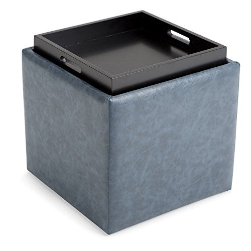 SIMPLIHOME Rockwood Cube Storage Ottoman with Tray - 17" Wide x 17" High Upholstered Vegan Leather Square Storage Ottoman in Denim Blue, Contemporary Cube Ottoman for Living Room with Serving Tray - color: Denim Blue