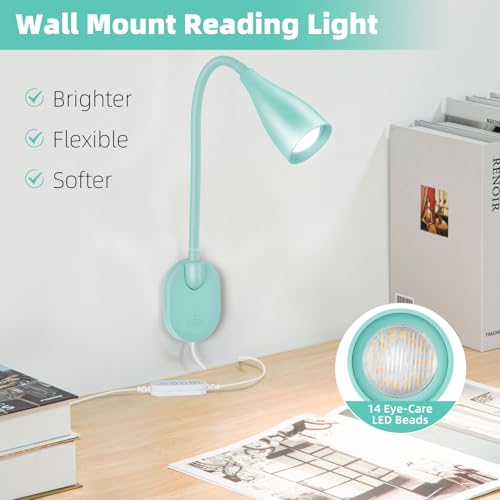 LED Wall Mounted Bedside Reading Light, 3 Color Modes,10 Brightness Dimmable, USB Charging Port, Adhesive Wall Lamp Night Light for Books in Bed, Flexible Neck Eye-Caring Bedroom Lighting Teal - color: Teal