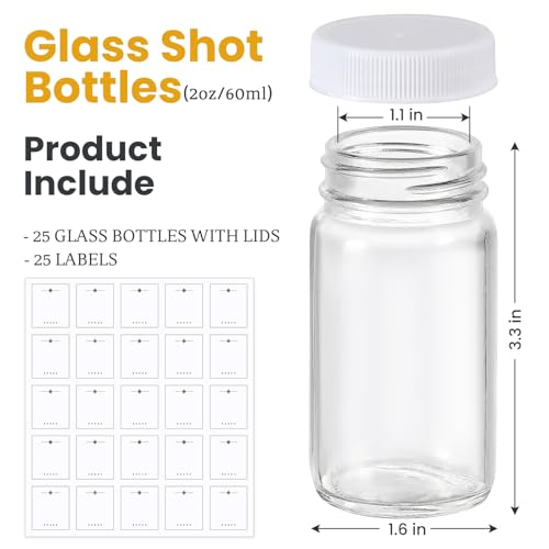 25 Pack 2 oz Glass Shot Bottles w/ White Lids & 25 Labels - Small Clear Jar for Ginger, Wellness Shot, Juice, Sample, Whiskey - Travel Essentials Mini Bottles - Wide Mouth, Leakproof, Dishwasher Safe - color: White Lid, size: 25 Pack