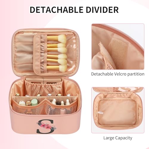 OCHEAL Initial Makeup Bag,Monogram Make up Bag Pink Travel Makeup Organizer Case Beauty Toiletry Cosmetic Bag with Brush Holder, Trendy Stuff Personalized Gifts for Women and Girls-S - color: Pink, style: S