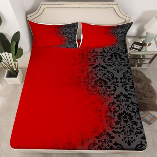 Feelyou Red Black Damask Fitted Sheet with 1 Pillowcase Twin Size Antique Victorian Baroque Bed Sheets Set 16" Deep Pocket Boys Girls Vintage Floral Bedding Bohemian Exoti Bedroom Decor Microfiber - color: Black-red, size: Twin