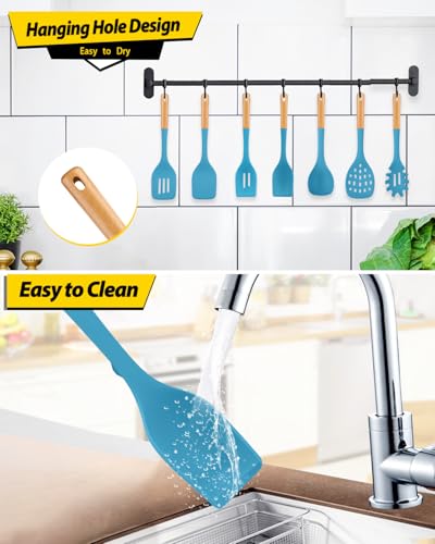 Silicone Kitchen Utensil Set for Non Stick Cookware, 7 Pcs Heat Resistant Cooking Utensils with Wooden Handle, BPA Free Kitchen Tools with Spatulas, Spoons, Skimmer and Pasta Fork (BLUE) - color: Blue