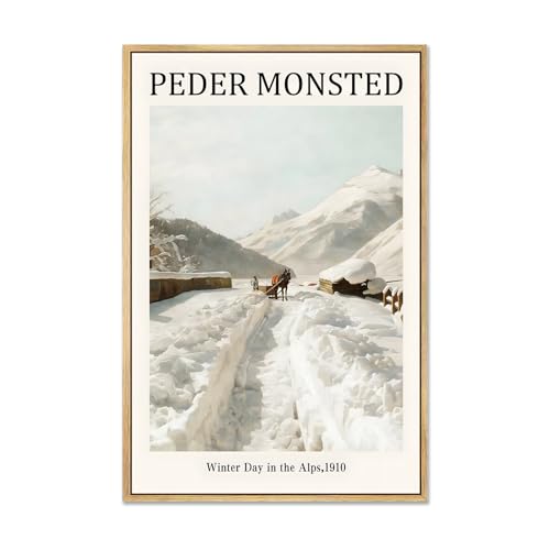 Zzudis Framed Canvas Wall Art Prints,Winter Day in the Alps,1910 by Peder Monsted Canvas Wall Decor,Famous Oil Painting Reproduction Canvas Prints for Bathroom,Bedroom-16''x24''In Natural Framed - color: C1, size: 24"L x 16"W
