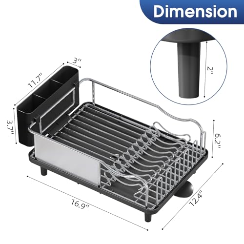 Urackify Stainless Steel Dish Drying Rack - Large Capacity Kitchen Counter Organizer with Drain Board, Utensil Holder & Detachable Cup Shelf, Surgical-Grade Rust-Proof Dish Drainer, Easy Assembly - color: Black