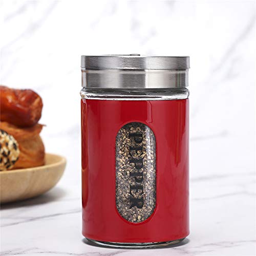 Salt and Pepper Shakers Stainless Steel and Glass Set with Adjustable Pour Holes (Red) - color: Red