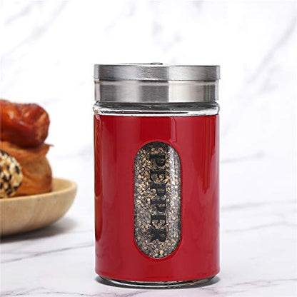 Salt and Pepper Shakers Stainless Steel and Glass Set with Adjustable Pour Holes (Red) - color: Red