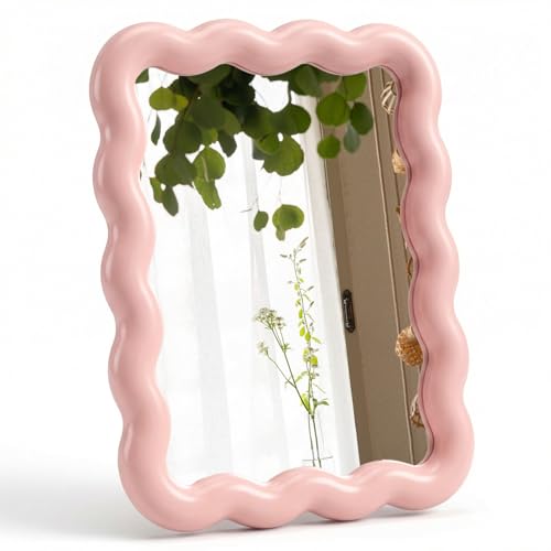 Pink Mirror, 6.9 * 5.3 Inch Small Mirror for Desk, Wave Shaped Personal Mirrors, Portable Folding Mirrors for Standing Hanging for Women, Offices and Bedrooms