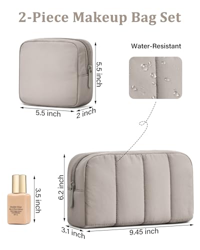 oscaurt 2 Pcs Makeup Bag Travel Toiletry Bag for Women Puffy Padded Cosmetic Pouch Purse Wide-open Makeup Organizer Case Travel Essentials - color: Camel-Set