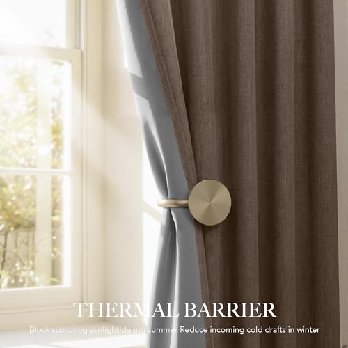 RYB HOME Brown 100% Blackout Curtains 96 inches Long, Thermal Insulating Privacy Energy Saving Linen Curtains for Bedroom Living Room Window Office Theater Dining Nursery, W52 x L96, 2 Panels - color: Brown, size: 52"W x 96"L (Pack of 2)