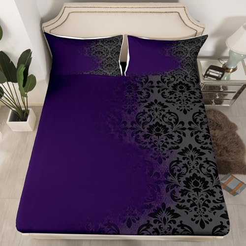 Feelyou Damask Fitted Sheet Twin Size for Kids Boys Girls Antique Victorian Baroque Bed Sheets Set 16" Deep Pocket Soft Microfiber Vintage Floral Bedding with 1 Pillowcase Bohemian Exoti Room Decor - color: Black-purple, size: Twin