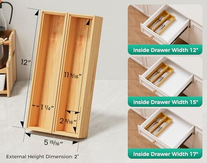 Bamboo Kitchen Drawer Organizer Boxes – 12" x 3" Stackable Wood Silverware Utensil Tray for Drawers Bins, Cutlery & Flatware Storage – Wooden Organizers Set of 2 for Junk Drawer, Bathroom, RV - size: 12" x 3" x 2"