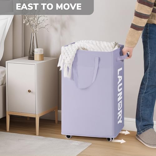 Goodpick Laundry Basket with Wheels 2-Pack, 75L Collapsible Laundry Baskets with Removable Wash Bag, Clothes Laundry Hamper on Wheels, Light Purple - color: Light Purple 2-Pack
