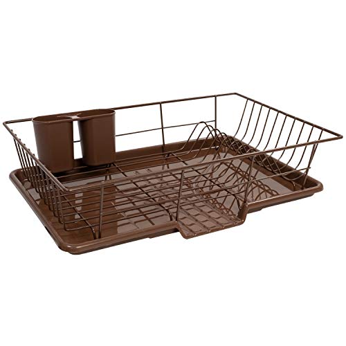 Sweet Home Collection Space-Saving 3-Piece Dish Drainer Rack Set: Efficient Kitchen Organizer for Quick Drying and Storage - Includes Cutlery Holder and Drainboard - Maximize Countertop Space, Bronze - color: Bronze