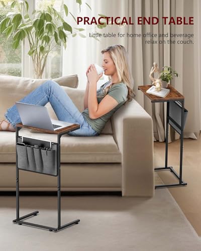 Vantic C Shaped End Table Set of 2, Small Side Table for Couch and Recliner, Slide Under Sofa Tray Desk with Storage Bag for Living Room and Bedroom, Rustic Brown - color: Rustic Brown