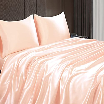 Homiest 3pcs Satin Sheets Set Luxury Silky Satin Bedding Set with Deep Pocket, 1 Fitted Sheet + 1 Flat Sheet + 1 Pillowcases (Twin Size, Champagne) - color: Champagne, size: Deep pocket - Twin size