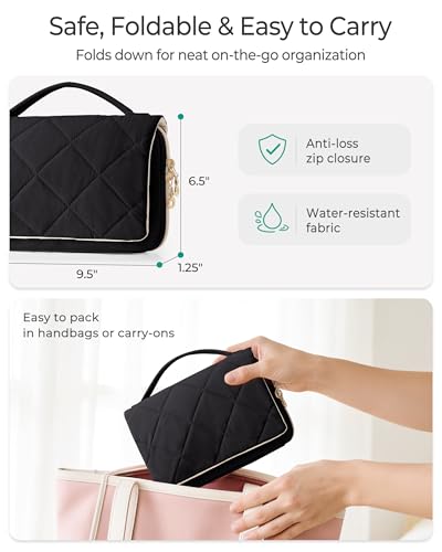 Marscamd Travel Jewelry Organizer Case for Women, Foldable Jewelry Bag for Earrings, Rings, Necklaces, Bracelets, Brooches, Black - color: Black