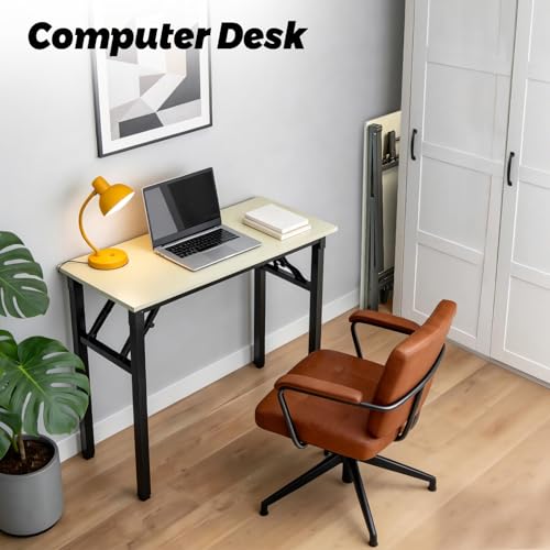 Folding Desk, 39 Inch Foldable Computer Table No Assembly Required,Warm White Small Desk for Home Office,Space-Saving Table for Bedroom, Dorm, RV - color: White