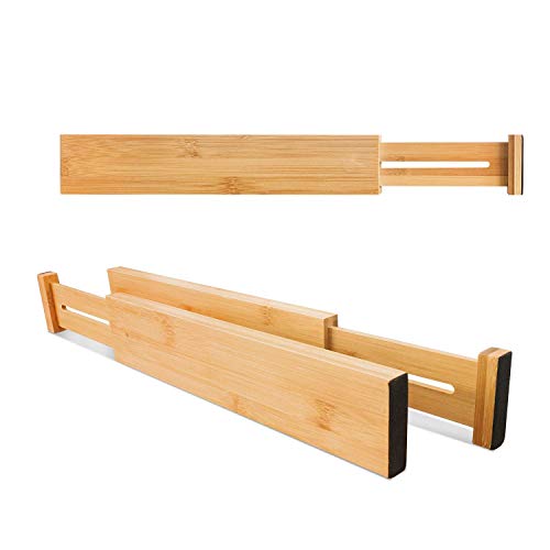 VaeFae 6-Pack Adjustable Bamboo Drawer Dividers, Expandable Drawer Organizer for Kitchen Utensils, Clothes, Bathroom, Office – Fits Drawer Interiors 16.6" to 21.8" - size: 2.4''H, 16.6''-21.8''L, 6 Pack