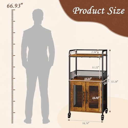 Hencawima Small Coffee Bar Cabinet with Storage, 3-Tier Rolling Coffee Bar Table, Farmhouse Coffee Cart Station with 2 Doors for Living Room, Dining Room, Rustic Brown - size: Small