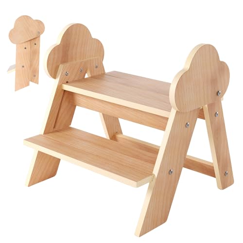 Beech Wooden Toddler Step Stool, 2-Step Foldable Stool for Kids with Non-Slip Surface, Baby Bathroom Stool for Potty Training, Bathroom Sink, Kitchen Counter with Cute Cloud Design - style: Cloud