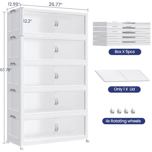 600QT Extra Large Stackable Storage Bins with Lid & Wheels & Doors, 150Gal Foldable Collapsible Closet Organizers, Plastic Cabinet Box Container Drawer for Home Kitchen Bedroom, 5Pack White - style: 5Pack