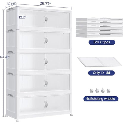 600QT Extra Large Stackable Storage Bins with Lid & Wheels & Doors, 150Gal Foldable Collapsible Closet Organizers, Plastic Cabinet Box Container Drawer for Home Kitchen Bedroom, 5Pack White - style: 5Pack