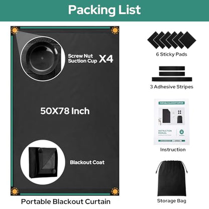 HOMEIDEAS 100% Travel Blackout Curtains, Portable No-Drill Blinds with Stickers & Suction Cups, Blackout Window Cover Light Blocking Shades for Bedroom, Baby Nursery, Dorm, RV, 50" W × 78" L