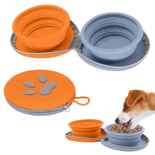Collapsible Dog Bowls, 2-in-1 Travel Double Bowl Water Food Feeder Portable Pet Traveling Camping & Walking 25oz (Blue Orange) - color: Blue orange
