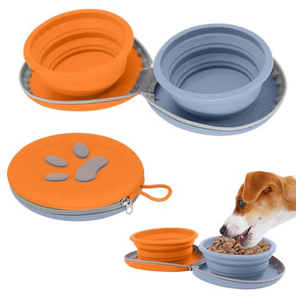 Collapsible Dog Bowls, 2-in-1 Travel Double Bowl Water Food Feeder Portable Pet Traveling Camping & Walking 25oz (Blue Orange) - color: Blue orange