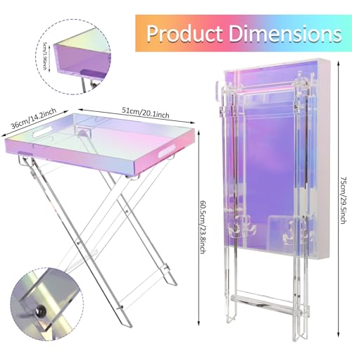 Acrylic Folding Tray Table, Rainbow Color Acrylic Coffee Table, Iridescent Side Table Modern Accent Square End Table for Coffee, Drink, Food, Snack for Living Room & Bedroom