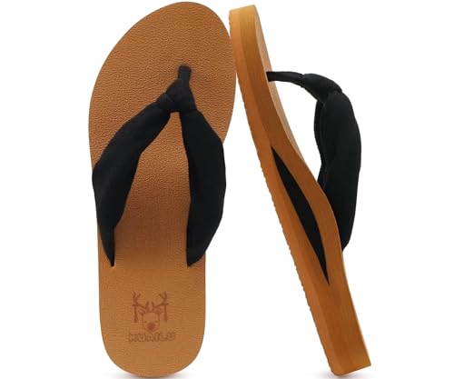 KuaiLu Flip Flops for Women with Arch Support Yoga Mat Comfortable Summer Beach Walking Thong Cushion Sandals Slip On Indoor Outdoor - color: Black Tan, size: 6