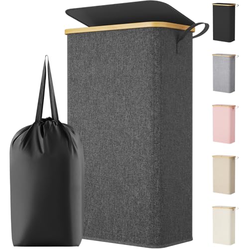 Lifewit 75L Slim Laundry Hamper with Lid, Narrow Laundry Basket with Removable Bag & Bamboo Handles, Fodable Thin Dirty Clothes Hamper for Laundry Collapsible Bin for Bathroom Bedroom Dorm, Dark Gray - color: Dark Gray, size: 75L