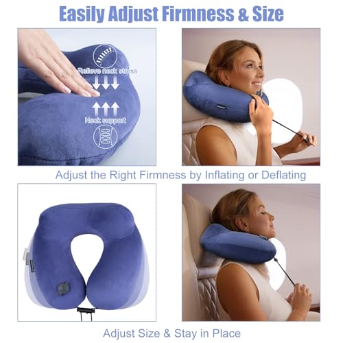 Inflatable Travel Neck Pillow for Airplanes, Super Soft Velvet Neck Support, Adjustable Firmness, Blow Up Plane Pillow for Long Flights, Road Trips, Travel Essentials with Eye Mask, Earplug - color: Premium Blue