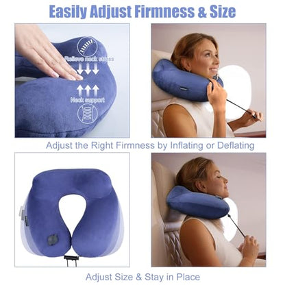Inflatable Travel Neck Pillow for Airplanes, Super Soft Velvet Neck Support, Adjustable Firmness, Blow Up Plane Pillow for Long Flights, Road Trips, Travel Essentials with Eye Mask, Earplug - color: Premium Blue