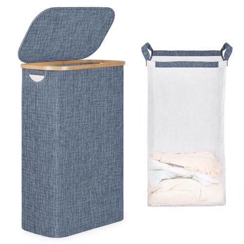 iEGrow 65L Slim Laundry Hamper, Narrow Laundry Basket with Lid,Foldable Clothes Hamper with Bamboo Handles,Hamper Basket with Removable Inner Bag for Laundry Room Bedroom College Dorm,17.17 Gals Blue - color: Blue, size: 65L