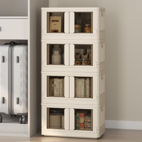 FLEXIMOUNTS 150 QT Stackable Storage Bins With Lids, Collapsible Plastic Storage Bins and Storage Containers with Doors and Built-in Wheels For Home, 4 Pack Cubes, Milky White - color: Milky White, size: 37 Qt-4 Pack