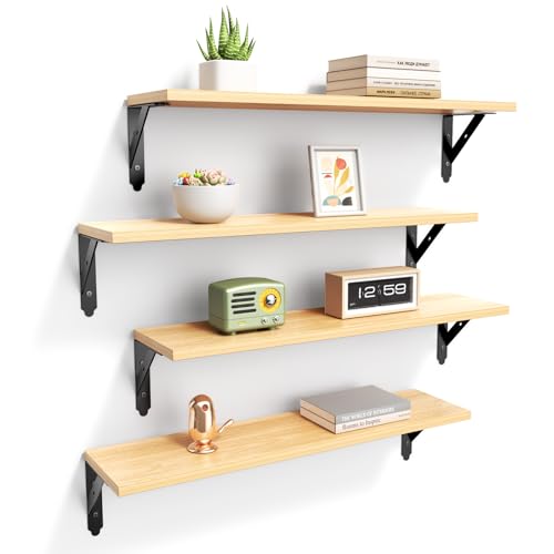 ROMGUAR CRAFT Wood Floating Shelves Set of 4, Rustic Storage Decor Wall Shelves, Wall Mounted Shelf for Living Room, Bedroom 23.6" x 6", Natural - color: Natural, size: 23.6" x 6"