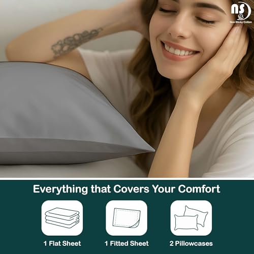 NON Sticky cotton 4 Piece Premium Egyptian Cotton Twin Bed Sheet Set, 15" Deep Pocket Fitted, Easy Care, Soft Sheets for Bedroom and Home Mattress, 39" x 75", Light Grey Solid - color: Light Grey Solid, size: Twin