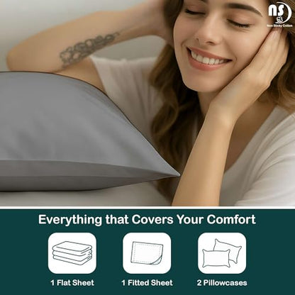NON Sticky cotton 4 Piece Premium Egyptian Cotton Twin XL Bed Sheet Set, 15" Deep Pocket Fitted, Easy Care, Soft Sheets for Bedroom and Home Mattress, 39" x 80", Light Grey Solid - color: Light Grey Solid, size: Twin XL