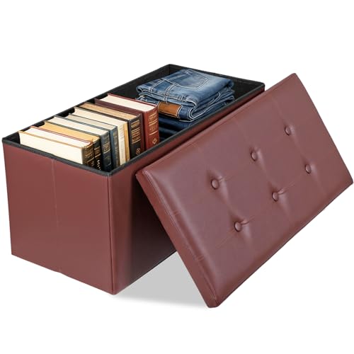 Nouva 30 Inches Ottoman Storage Bench, Folding Design Chest Faux Leather Ottomans Footrest for Bedroom Living Room Office,Entryway, Brown - color: Brown, size: 15"D x 30"W x 15"H