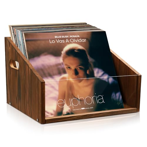 GRETJOB Vinyl Record Storage Crate - Wooden & Acrylic Record Storage Holds 70+ Records, Books, Files - Desktop & Home Office Storage with Handle (Brown) - color: Brown