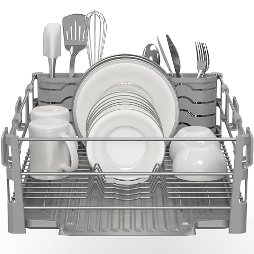Simple Houseware Dish Drying Rack with Drainboard, Utensil Holder & Mug Hooks, Silver Metal Kitchen Counter Organizer - color: Silver