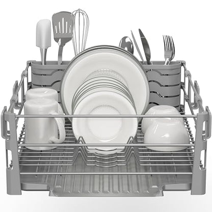 Simple Houseware Dish Drying Rack with Drainboard, Utensil Holder & Mug Hooks, Silver Metal Kitchen Counter Organizer - color: Silver