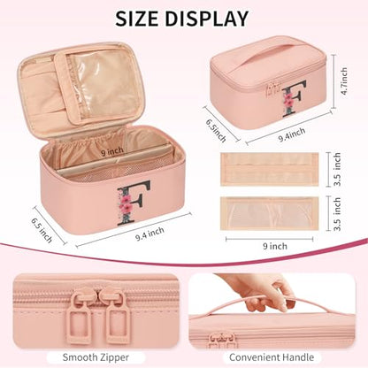 OCHEAL Initial Makeup Bag,Monogram Make up Bag Pink Travel Makeup Organizer Case Beauty Toiletry Cosmetic Bag with Brush Holder, Trendy Stuff Personalized Gifts for Women and Girls-F - color: Pink, style: F