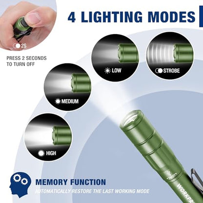 WORKPRO Rechargeable Pen Light, Mini Flashlight, 2 Pack Ultra-Compact EDC Flashlight, Pocket Flashlight with Clip, Memory Function and 2 x USB C Cable Included, Green - color: Green