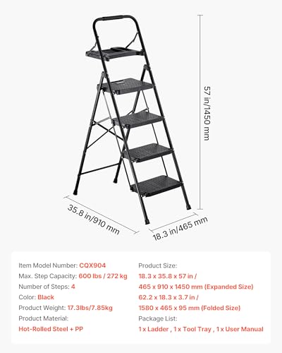 VEVOR 4 Step Ladder, Folding Step Stool with Wide Anti-Slip Pedal, Tool Tray, Comfort Handgrip, 600 lbs Capacity Portable Steel Ladder, Multi-Use for Kitchen, Home, Household and Office, Black - size: 18.3 x 35.8 x 57 in(Expanded)