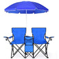 Goplus Double Camping Chair with Umbrella, Folding Loveseat Chairs w/Canopy Shade, Carrying Bag, Table, Cup Holder, Portable Beach Chairs Outdoor Picnic Patio (Blue) - color: Blue