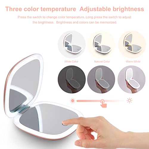 Mocado Compact LED Magnifying Travel Makeup-Mirror - 4 inches 1X/10X Magnification Small Hand Pocket Dimmable Double Sided USB Rechargeable Touch Screen, Portable Tabletop Cosmetic (Rose Gold) - color: Rose Gold