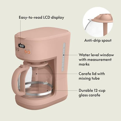 bella 12 Cup Programmable Coffee Maker, Reusable Dishwasher Safe Accessories, Easy LCD display, Auto Shutoff, 900 watt, Blossom - color: Blossom
