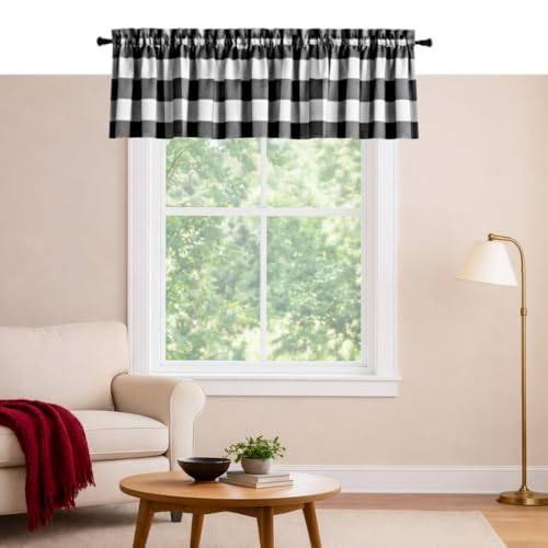 Black Buffalo Check Rod Pocket Valance Curtains 2 Pack, 54x18 Inch Farmhouse Window Panels for Kitchen, Dining, Living Room, Bathroom, Rustic Country Décor, Black and White - color: Black, Buffalo, size: 18"W x 54"L (Pack of 2)